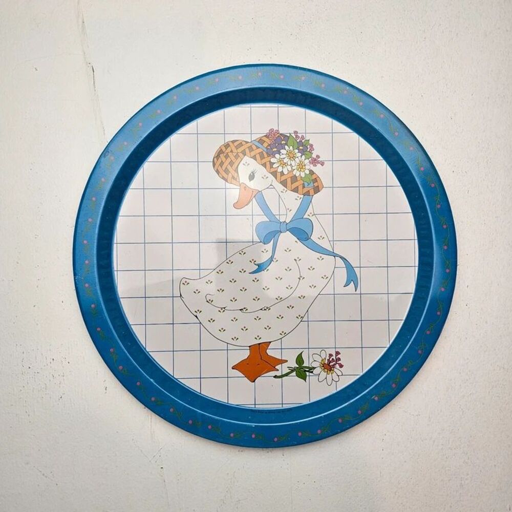 Vintage Giftco Country Goose Blue Tin Tray Flowers Bonnet 13" Serving Tray